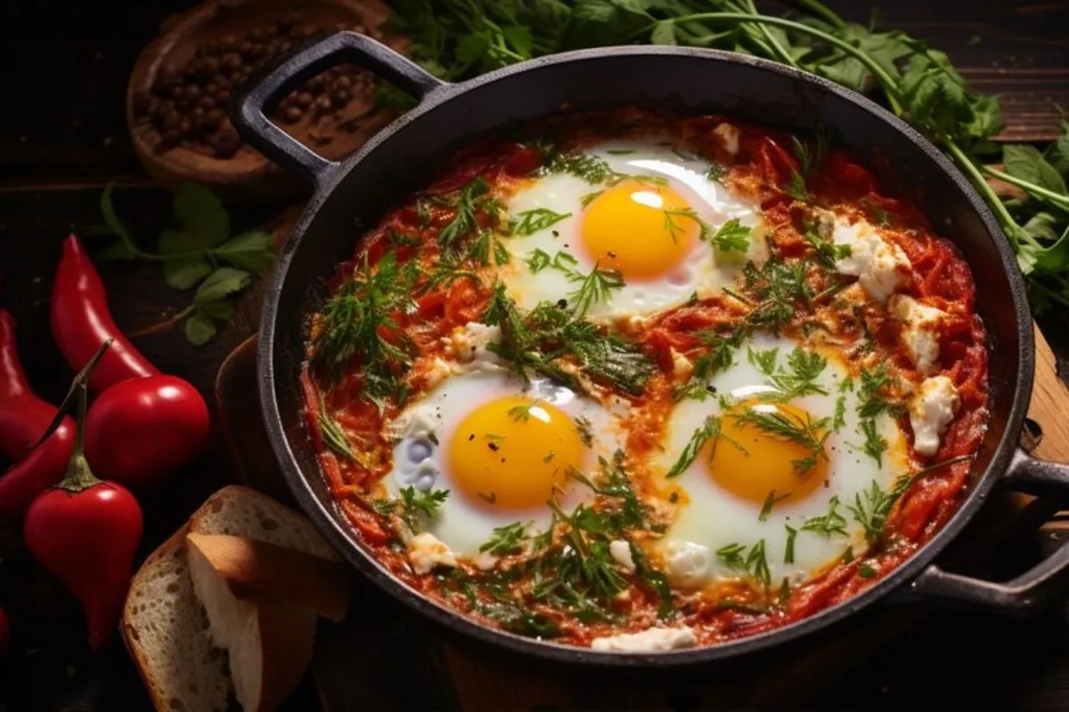 Panela rasa no foco mostrando receita de shakshuka e ingredientes ao redor, como tomates e folhas verdes.