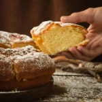 Bolo caseiro fofinho sem fermento coberto com açúcar de confeiteiro, com uma mão segurando uma fatia recém-cortada.