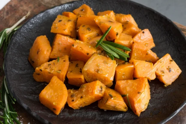 Cubos de batata-doce assada temperados com ervas frescas em prato de cerâmica escura, decorado com ramos de alecrim.