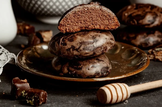 Pão de mel caseiro empilhado em um prato dourado, com um pedaço cortado ao meio revelando seu interior macio e úmido. Ao lado, pedaços de chocolate e um bastão de mel decoram a cena.