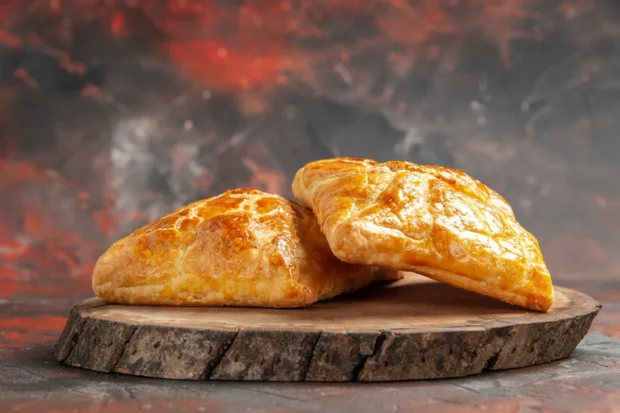 Dois pastelões caseiros dourados e crocantes sobre uma tábua de madeira rústica, destacando a textura folhada da massa.