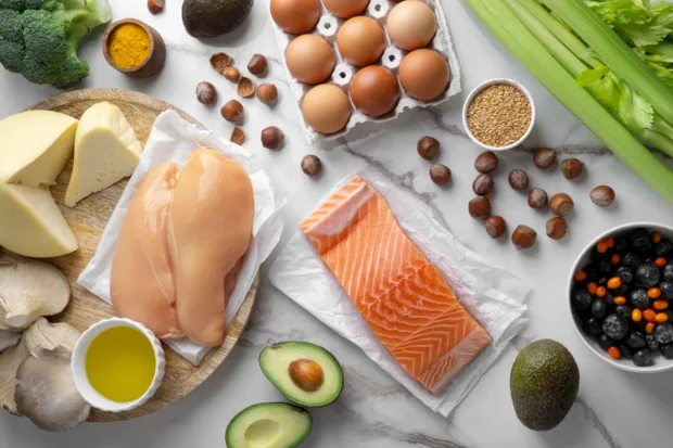 Seleção de alimentos ricos em proteínas, incluindo peito de frango, salmão, ovos, queijos, nozes, abacate e vegetais frescos sobre superfície marmorizada.