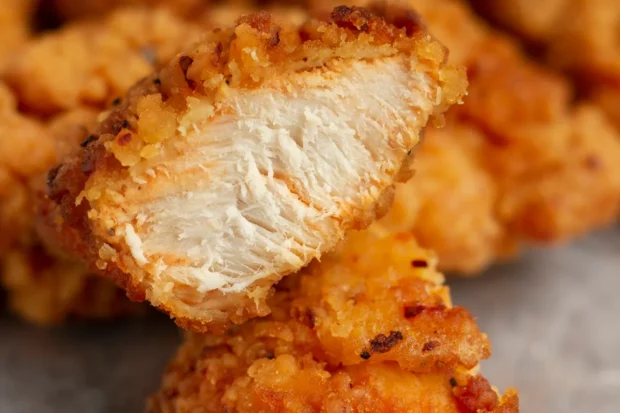 Peito de frango empanado crocante, com interior suculento e bem cozido, cortado ao meio para destacar a textura dourada e sequinha.