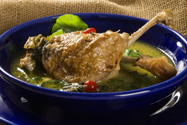 Prato de pato no tucupi servido em tigela azul, com jambu, caldo amarelado e pimentas-vermelhas típicas da Amazônia